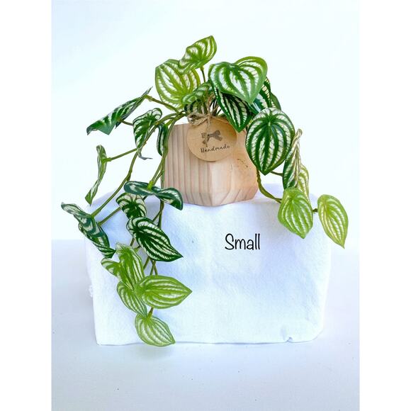 Faux Watermelon Peperomia Hanging Plant in Handmade Wood Pot - Picture 4 of 4